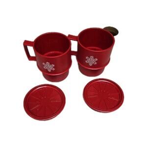 Vintage Tupperware Red Snowflake Mugs (2) with Lids 1312 Stacking Christmas Cups